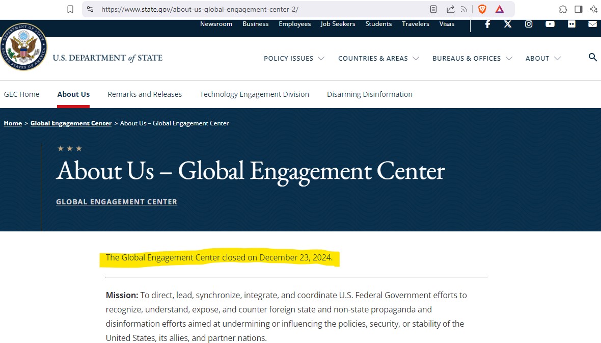 global-engagement-center-ministry-of-truth-censorship-2024-collapse-closed-2025-freedom-obama-trump